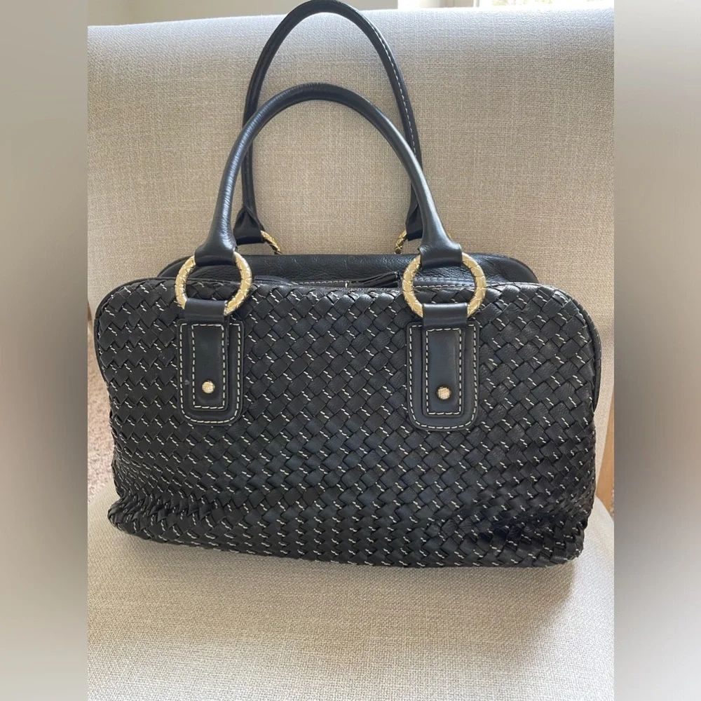 Antonio Melani Black Intrecciato Genuine Leather Satchel Handbag Gold Hardware